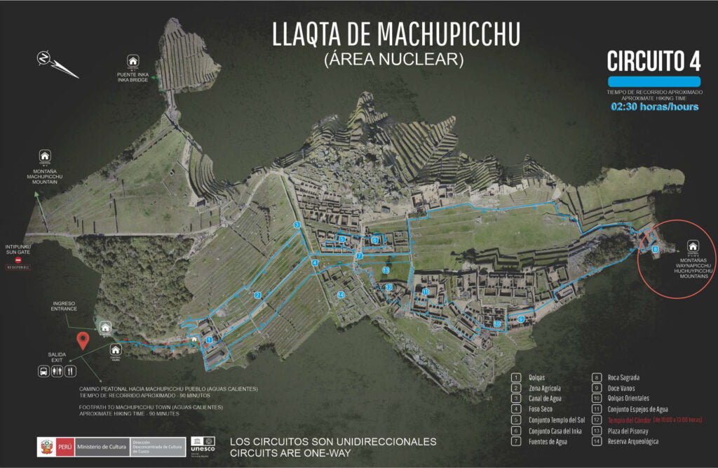 Mapa oficial de lo que fue el Circuito 4 que incluía Machu Picchu y Huayna Picchu