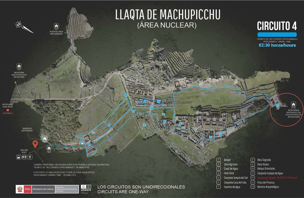 Mapa oficial del Circuito 4 para recorrer Machu Picchu y Huayna Picchu.