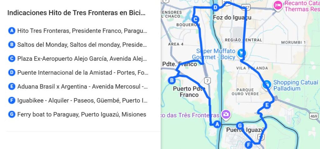 Mapa con las indicaciones para hacer la triple frontera en bicicleta